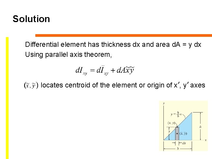 Solution Differential element has thickness dx and area d. A = y dx Using