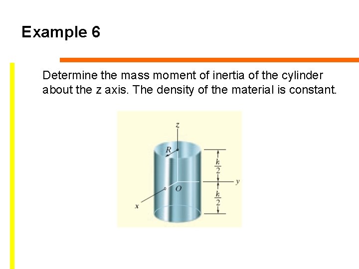 Example 6 Determine the mass moment of inertia of the cylinder about the z