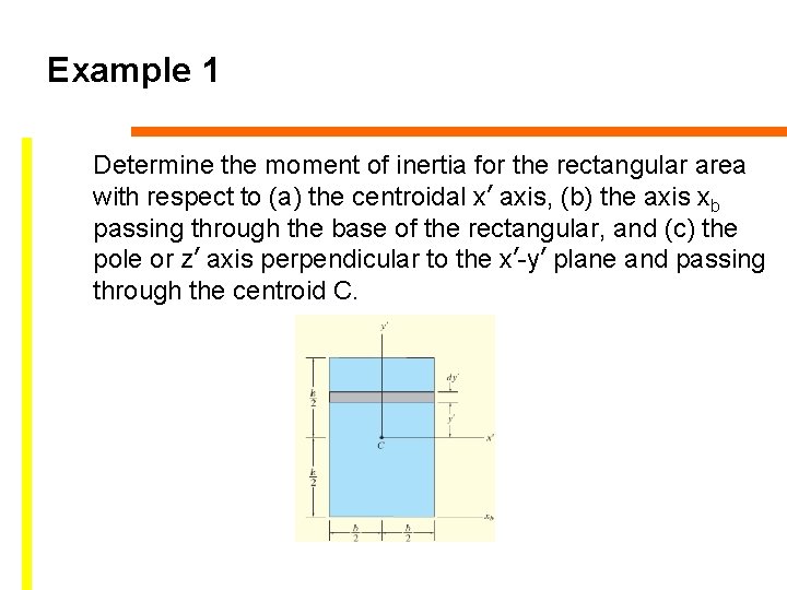 Example 1 Determine the moment of inertia for the rectangular area with respect to