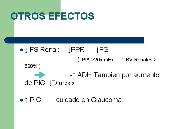 OTROS EFECTOS l↓ FS Renal: -↓PPR ↓FG ( PIA >20 mm. Hg ↑ RV