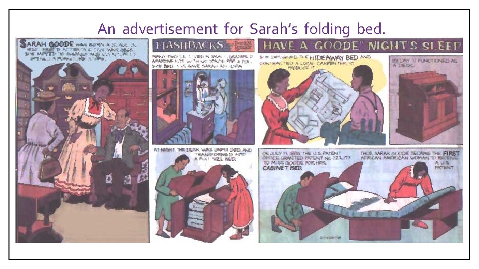 An advertisement for Sarah’s folding bed. 
