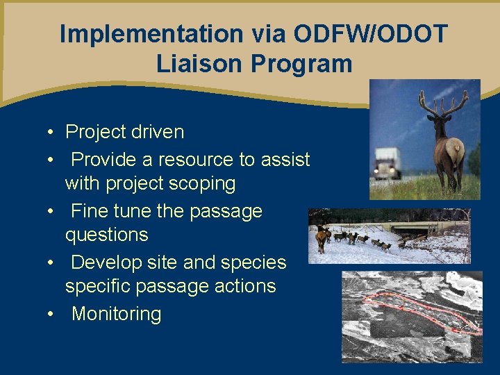 Implementation via ODFW/ODOT Liaison Program • Project driven • Provide a resource to assist