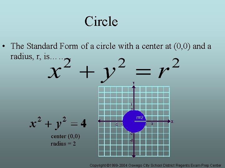 Circle • The Standard Form of a circle with a center at (0, 0)