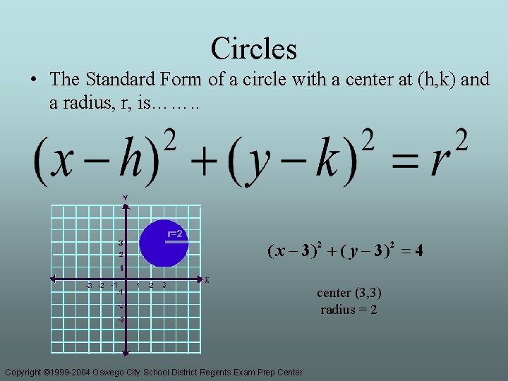 Circles • The Standard Form of a circle with a center at (h, k)