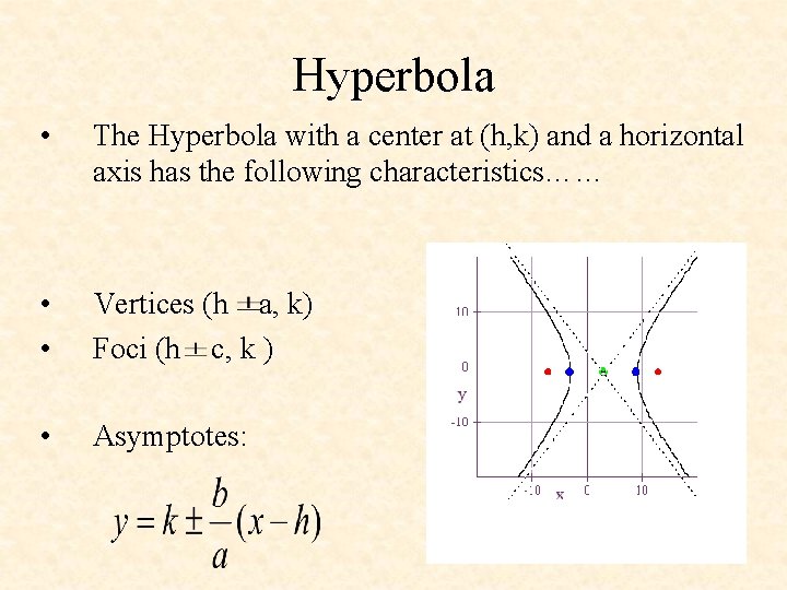 Hyperbola • The Hyperbola with a center at (h, k) and a horizontal axis