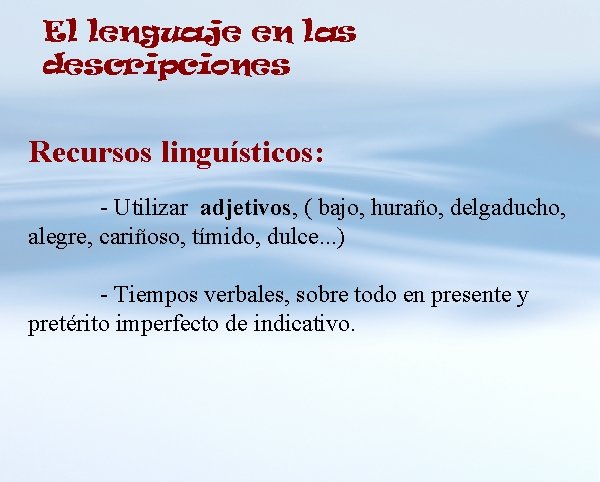 El lenguaje en las descripciones Recursos linguísticos: - Utilizar adjetivos, ( bajo, huraño, delgaducho,