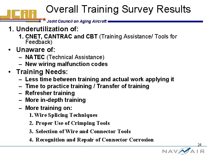 Overall Training Survey Results Joint Council on Aging Aircraft 1. Underutilization of: 1. CNET,