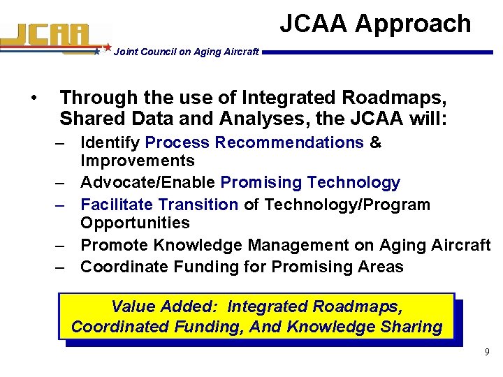 JCAA Approach Joint Council on Aging Aircraft • Through the use of Integrated Roadmaps,