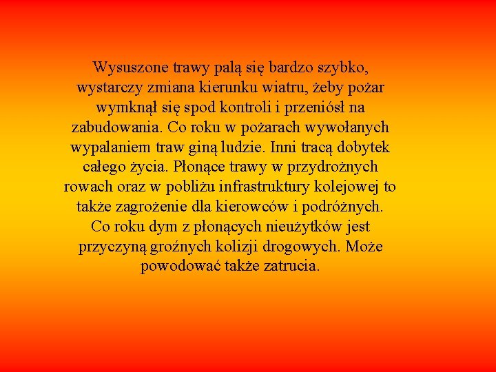 Wysuszone trawy palą się bardzo szybko, wystarczy zmiana kierunku wiatru, żeby pożar wymknął się