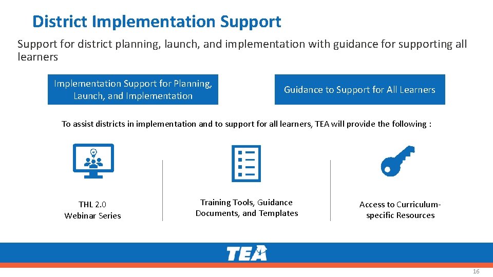 District Implementation Support for district planning, launch, and implementation with guidance for supporting all