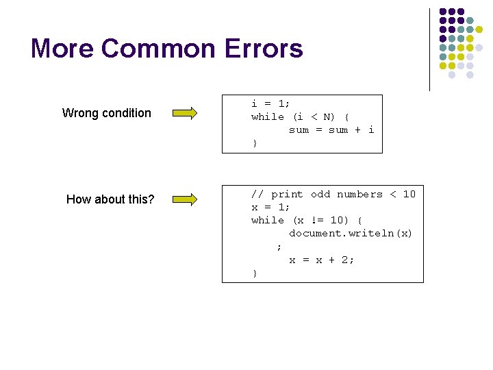 More Common Errors Wrong condition How about this? i = 1; while (i <