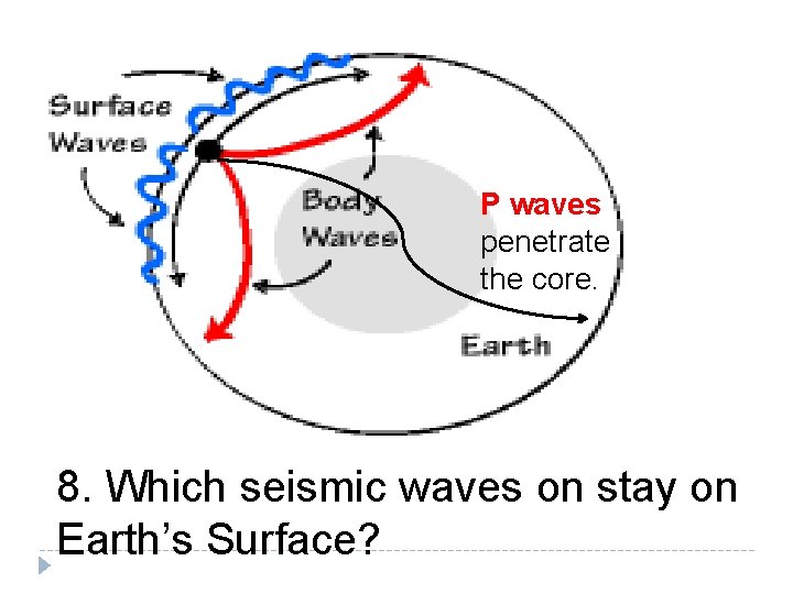 P waves penetrate the core. 8. Which seismic waves on stay on Earth’s Surface?