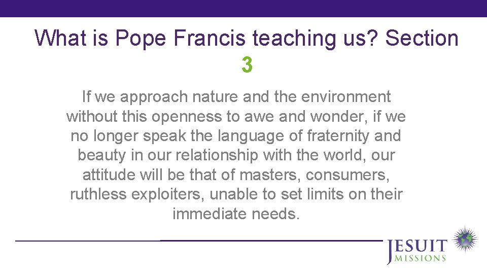 What is Pope Francis teaching us? Section 3 If we approach nature and the