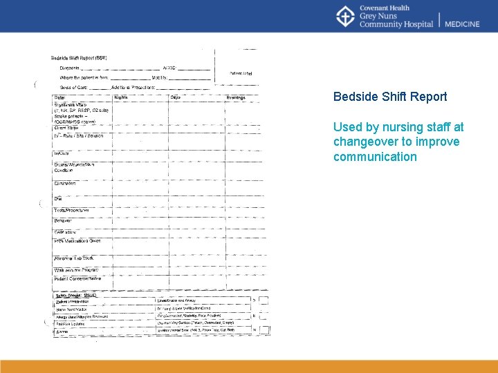 Bedside Shift Report Used by nursing staff at changeover to improve communication 