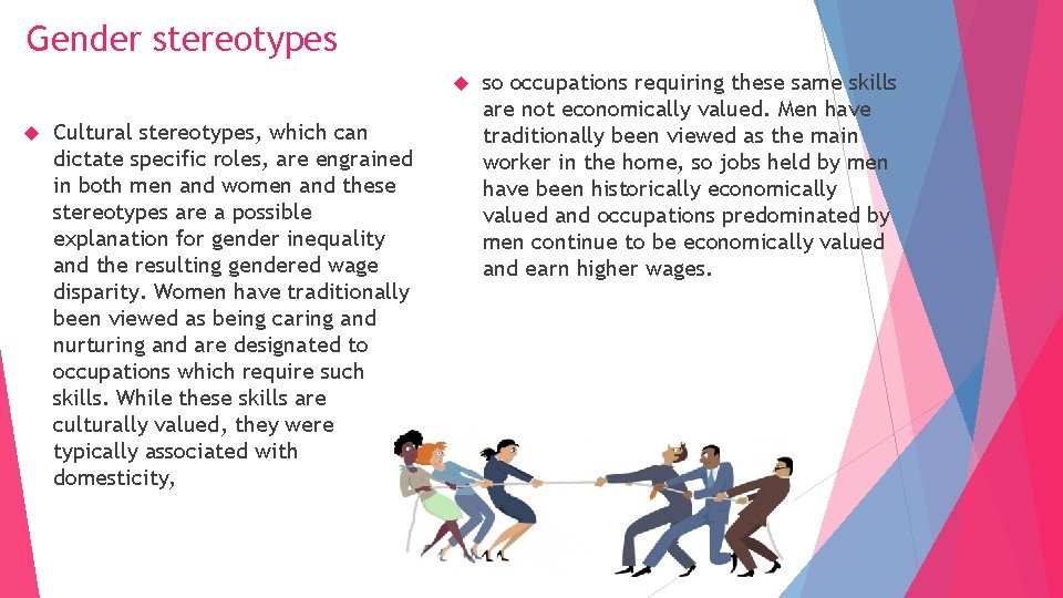 Gender stereotypes Cultural stereotypes, which can dictate specific roles, are engrained in both men