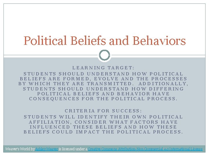 Political Beliefs and Behaviors LEARNING TARGET: STUDENTS SHOULD UNDERSTAND HOW POLITICAL BELIEFS ARE FORMED,