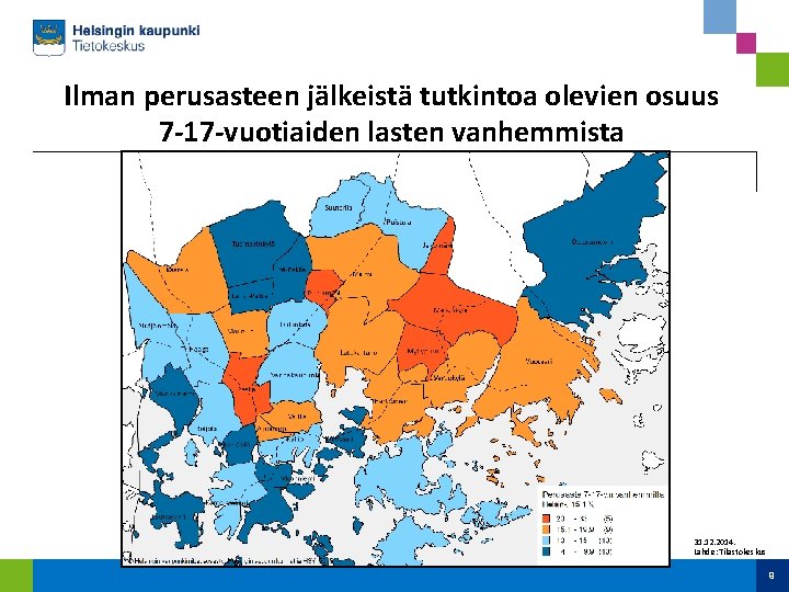 Ilman perusasteen jälkeistä tutkintoa olevien osuus 7 -17 -vuotiaiden lasten vanhemmista 31. 12. 2014.