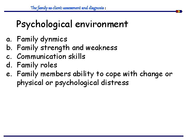 The family as client: assessment and diagnosis : Psychological environment a. b. c. d.