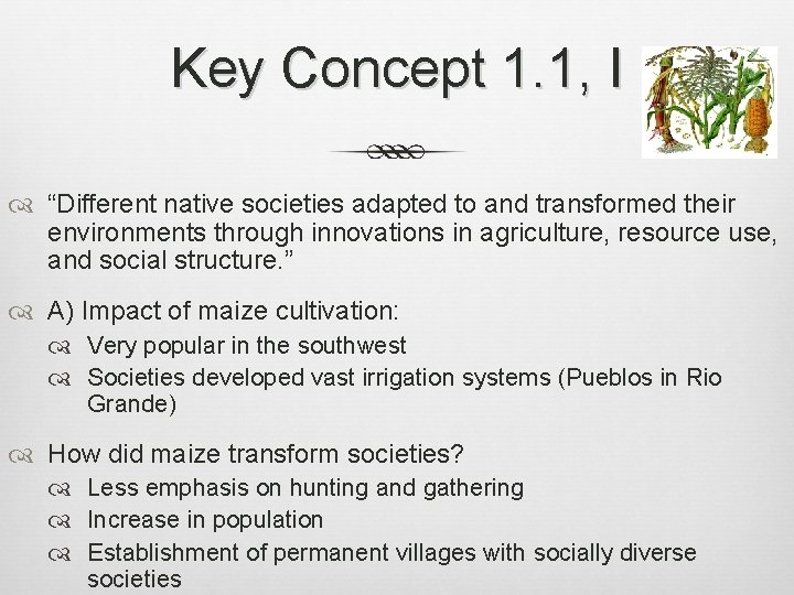 Key Concept 1. 1, I “Different native societies adapted to and transformed their environments