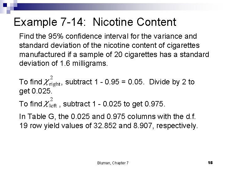 Example 7 -14: Nicotine Content Find the 95% confidence interval for the variance and