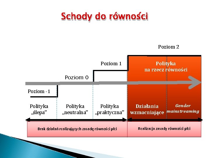 Schody do równości Poziom 2 Poziom 1 Polityka na rzecz równości Poziom 0 Poziom