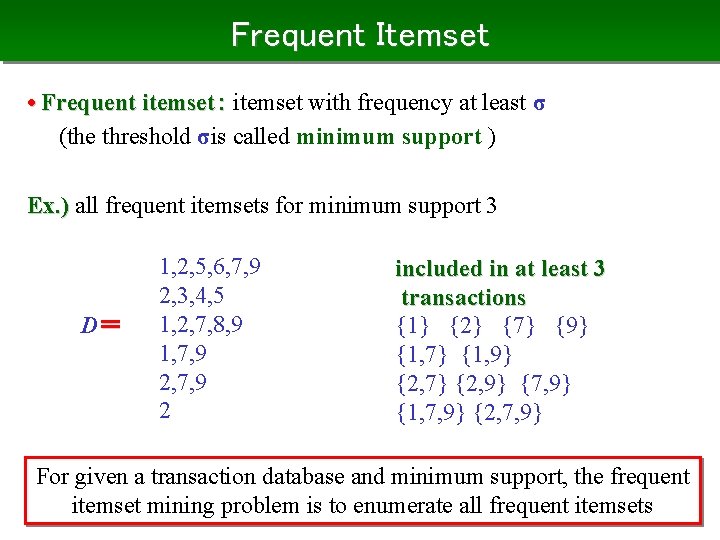Frequent Itemset • Frequent itemset: itemset with frequency at least σ (the threshold σis Frequent Itemset • Frequent itemset: itemset with frequency at least σ (the threshold σis
