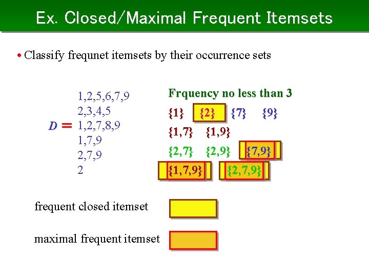 Ex. Closed/Maximal Frequent Itemsets • Classify frequnet itemsets by their occurrence sets 1, 2,