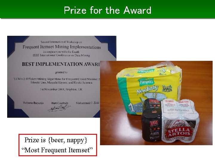 Prize for the Award Prize is {beer, nappy} “Most Frequent Itemset” 