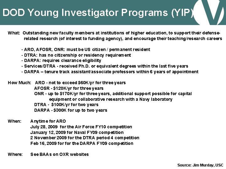 DOD Young Investigator Programs (YIP) What: Outstanding new faculty members at institutions of higher