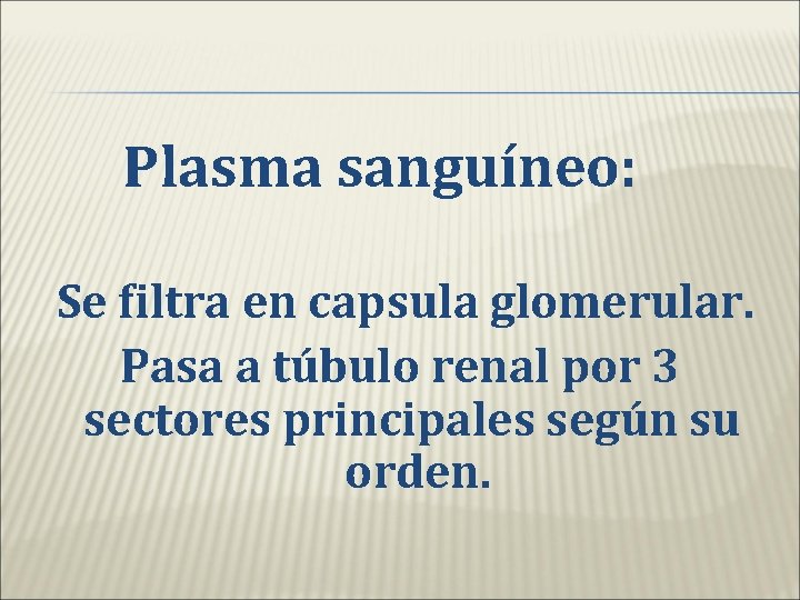 Plasma sanguíneo: Se filtra en capsula glomerular. Pasa a túbulo renal por 3 sectores