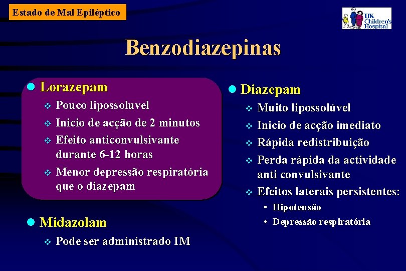 Estado de Mal Epiléptico Benzodiazepinas l Lorazepam Pouco lipossoluvel v Inicio de acção de