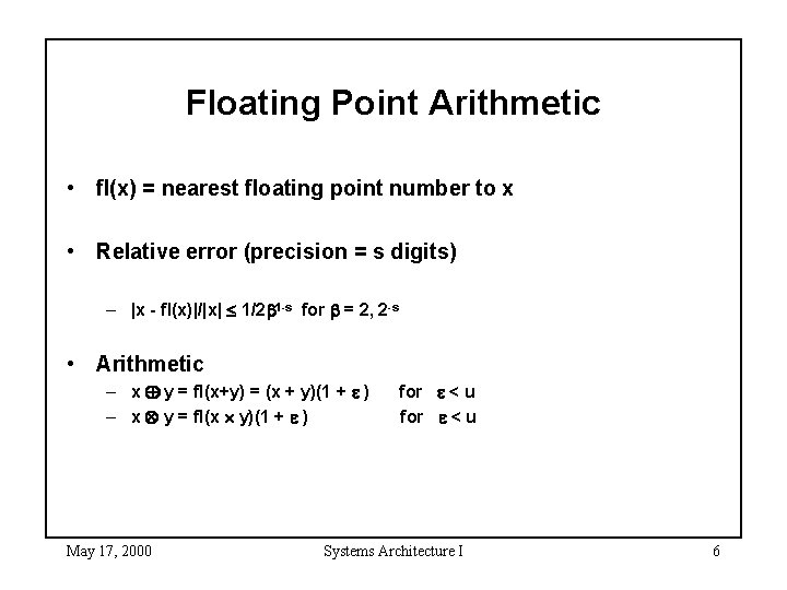 Floating Point Arithmetic • fl(x) = nearest floating point number to x • Relative