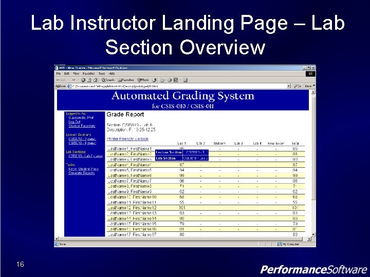 Lab Instructor Landing Page – Lab Section Overview 16 