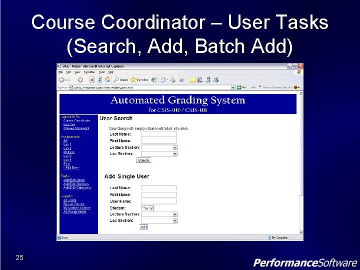 Course Coordinator – User Tasks (Search, Add, Batch Add) 25 