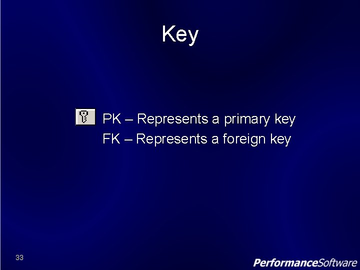 Key PK – Represents a primary key FK – Represents a foreign key 33