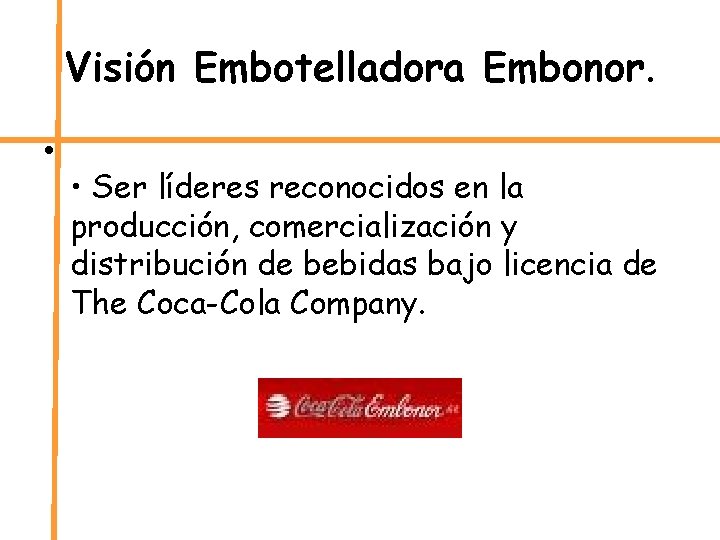 Visión Embotelladora Embonor. • • Ser líderes reconocidos en la producción, comercialización y distribución