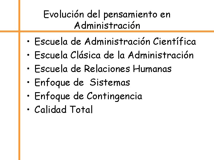 Evolución del pensamiento en Administración • • • Escuela de Administración Científica Escuela Clásica