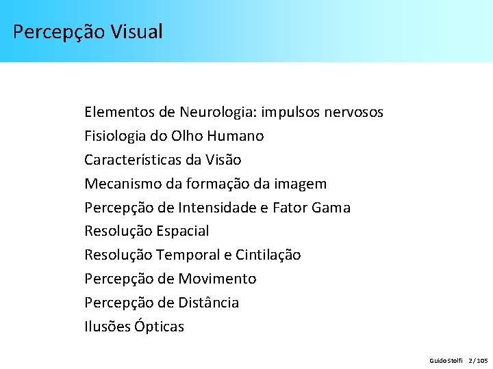 Percepção Visual Elementos de Neurologia: impulsos nervosos Fisiologia do Olho Humano Características da Visão