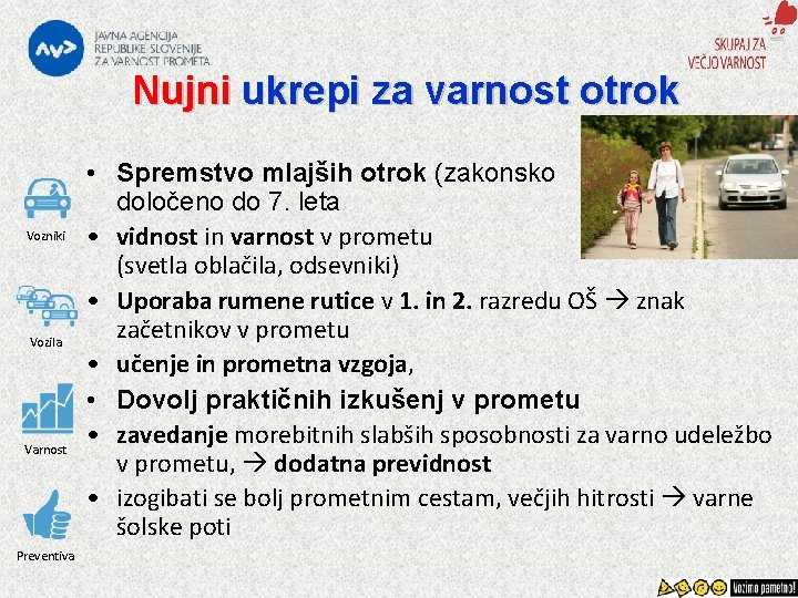 Nujni ukrepi za varnost otrok Vozniki Vozila Varnost Preventiva • Spremstvo mlajših otrok (zakonsko