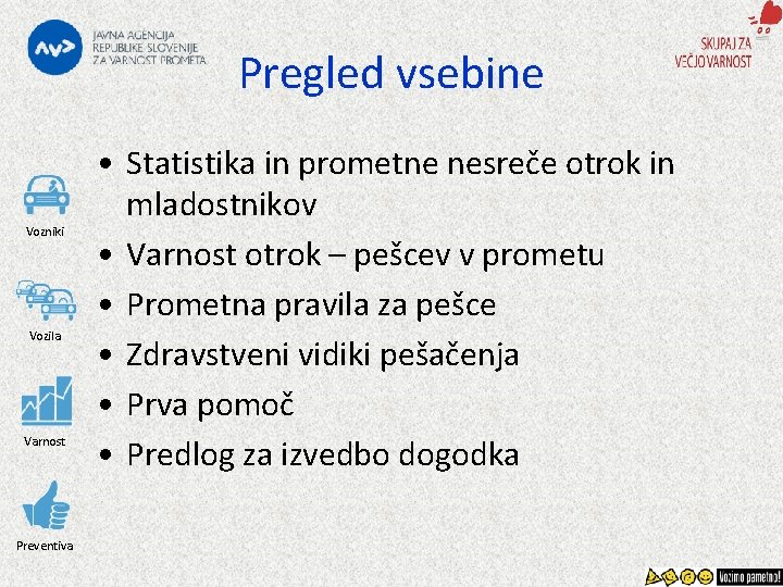 Pregled vsebine Vozniki Vozila Varnost Preventiva • Statistika in prometne nesreče otrok in mladostnikov