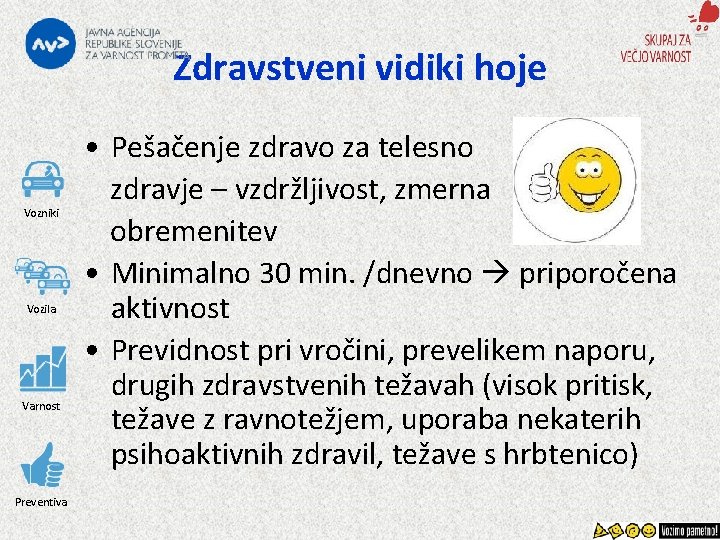 Zdravstveni vidiki hoje Vozniki Vozila Varnost Preventiva • Pešačenje zdravo za telesno zdravje –