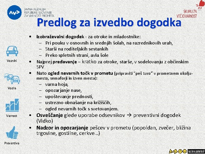 Predlog za izvedbo dogodka Vozniki • Izobraževalni dogodek - za otroke in mladostnike: –