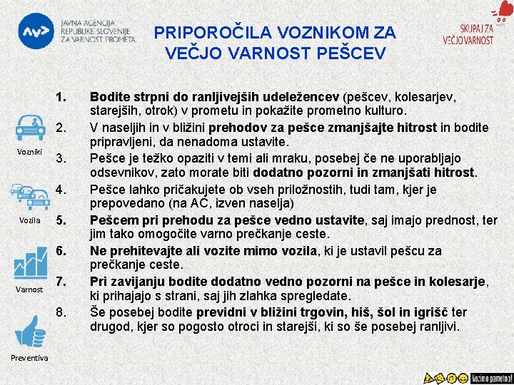 PRIPOROČILA VOZNIKOM ZA VEČJO VARNOST PEŠCEV 1. 2. Vozniki 3. 4. Vozila 5. 6.