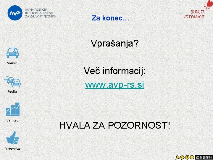 Za konec… Vprašanja? Vozniki Vozila Varnost Preventiva Več informacij: www. avp-rs. si HVALA ZA