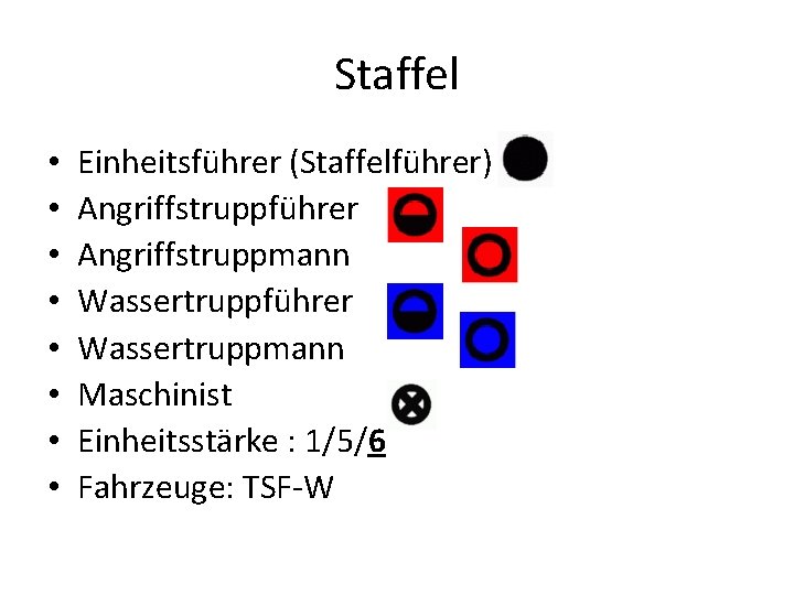 Staffel • • Einheitsführer (Staffelführer) Angriffstruppführer Angriffstruppmann Wassertruppführer Wassertruppmann Maschinist Einheitsstärke : 1/5/6 Fahrzeuge: