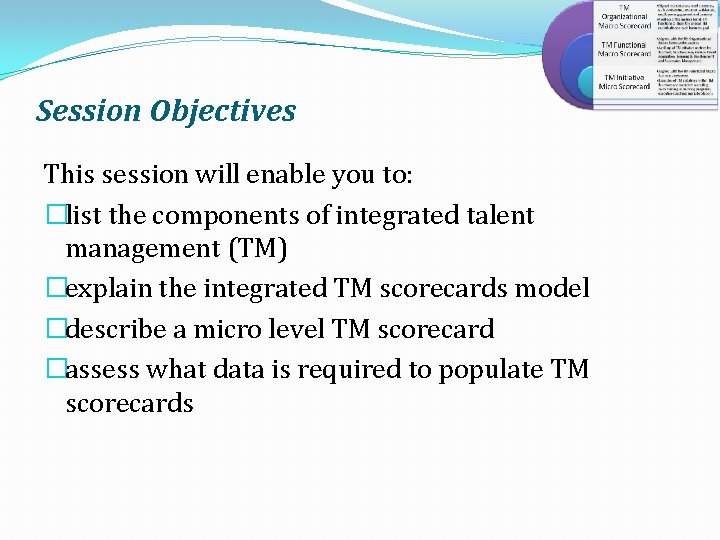 Session Objectives This session will enable you to: �list the components of integrated talent