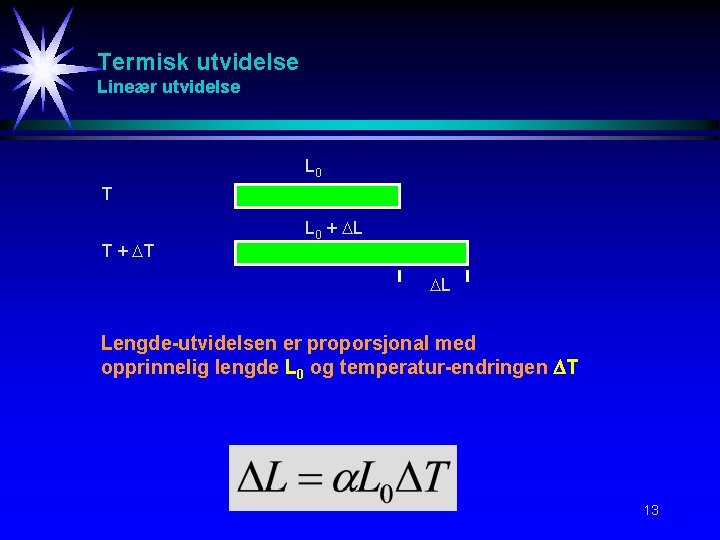 Termisk utvidelse Lineær utvidelse L 0 T T + T L 0 + L Termisk utvidelse Lineær utvidelse L 0 T T + T L 0 + L