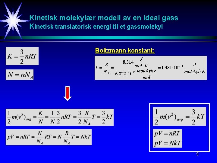 Kinetisk molekylær modell av en ideal gass Kinetisk translatorisk energi til et gassmolekyl Boltzmann Kinetisk molekylær modell av en ideal gass Kinetisk translatorisk energi til et gassmolekyl Boltzmann