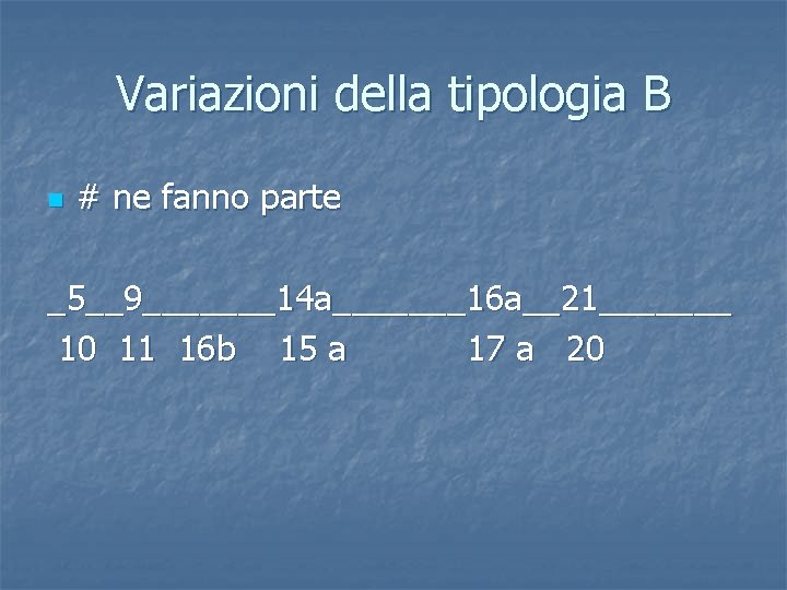 Variazioni della tipologia B n # ne fanno parte _5__9_______14 a_______16 a__21_______ 10 11