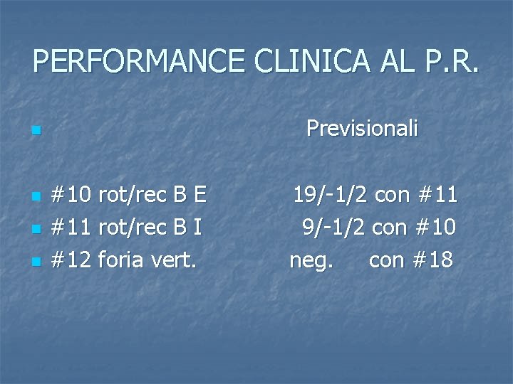 PERFORMANCE CLINICA AL P. R. Previsionali n n #10 rot/rec B E #11 rot/rec